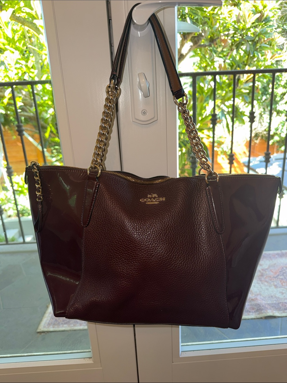 Coach Burgundy Leather Tote with Gold Chain Straps